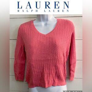 Lauren Ralph Lauren Petite Women’s Size P/M Pink 100%‎ Cotton Cable Knit V Neck
